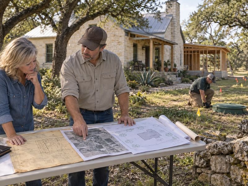 Homeowner and septic professional reviewing records for an older Texas septic system before renovation