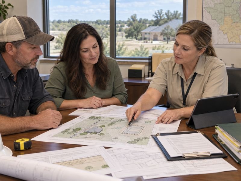 Local authorized agent reviewing an OSSF application with a Texas homeowner and septic professional