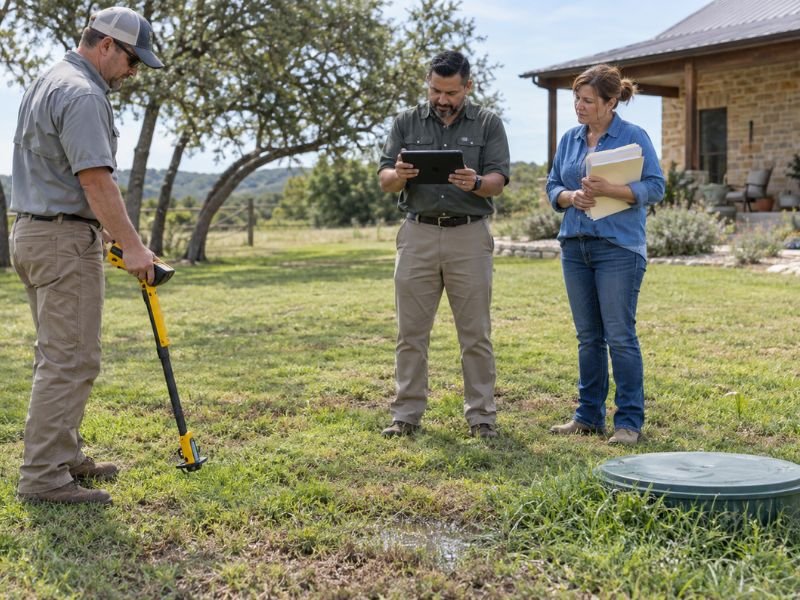 Local official and septic professional investigating a reported wastewater concern at a Texas property