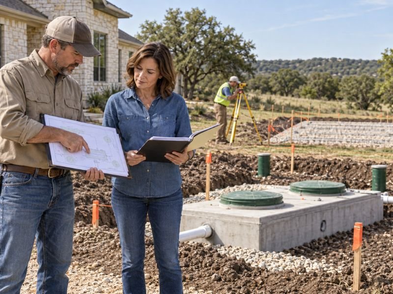 Septic installer and Texas property owner reviewing an approved OSSF plan before installation