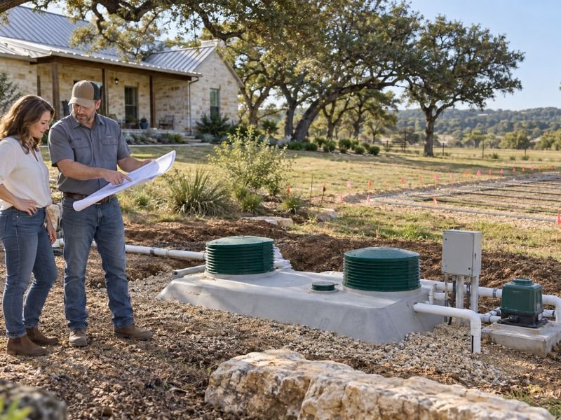 Texas property owner reviewing a complete OSSF installation with a septic professional