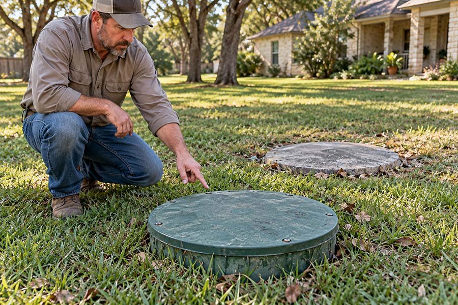 4. Use the Known System Layout to Narrow the Search
If you know where the main waste line exits the home and have information about the disposal area, use those clues together.
In a conventional septic system, household wastewater travels through the main drainage pipe into the septic tank. Liquid effluent then leaves the tank and moves toward the drainfield for additional treatment in the soil.
Understanding this sequence can help you make sense of an old site drawing or visible system features.
However, not every Texas OSSF has the same layout. Aerobic treatment units and other system types can have tanks, pumps, treatment equipment, and disposal components arranged differently.
How to Find a Septic Tank Step