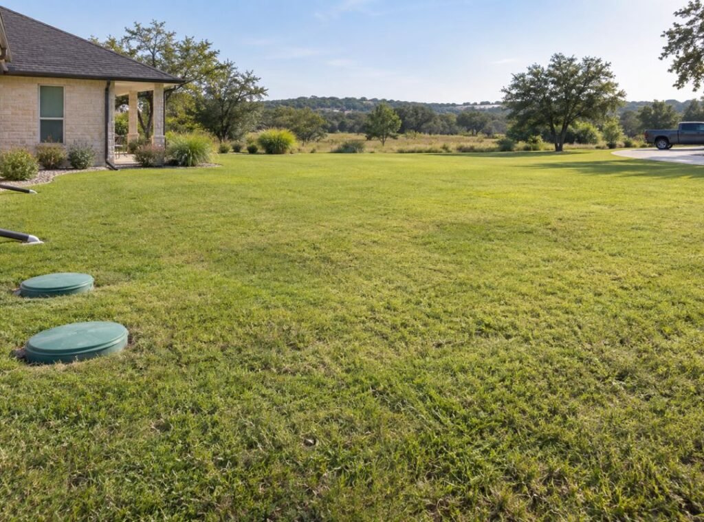 Protected septic drain field with grass and accessible tank lids at a Central Texas home