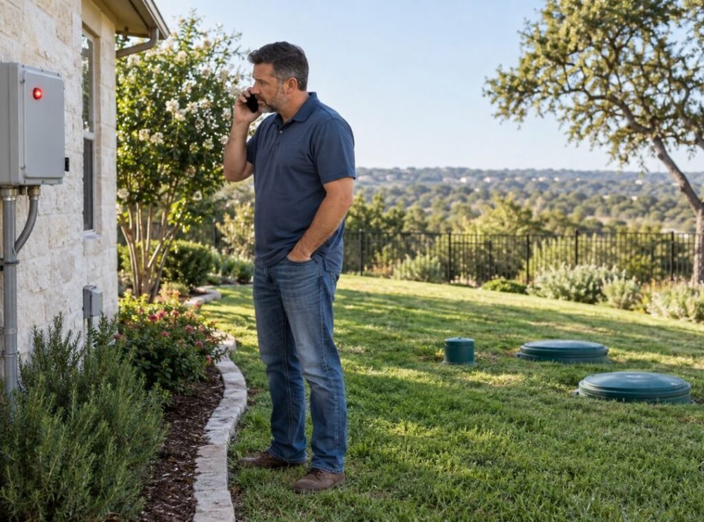 Texas homeowner calling a maintenance provider after an aerobic septic-system alarm activates