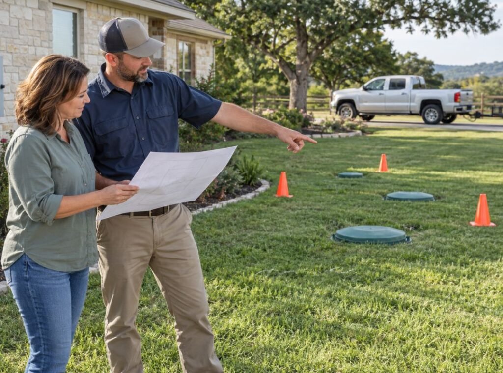 Texas homeowner reviewing a septic-system plan with a professional to prevent common compliance mistakes