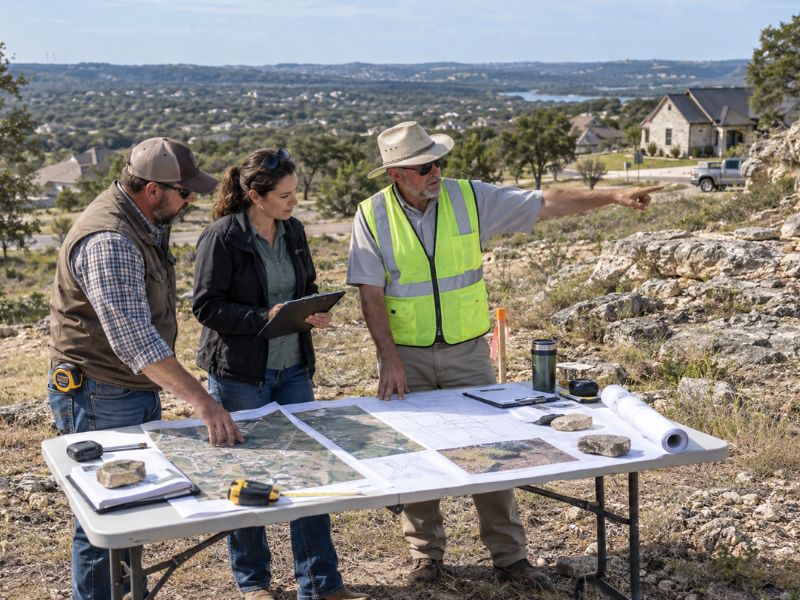Local official, septic professional, and property owner reviewing an OSSF plan on rocky Texas land