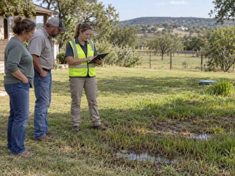 Local septic official documenting possible wastewater surfacing with a Texas homeowner and septic professional