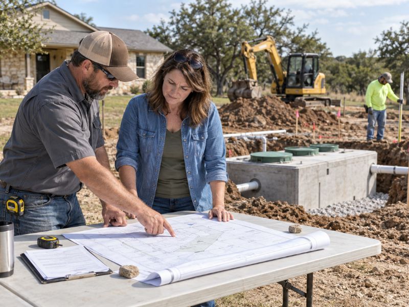 Septic installer reviewing an approved OSSF plan with a Texas property owner before installation