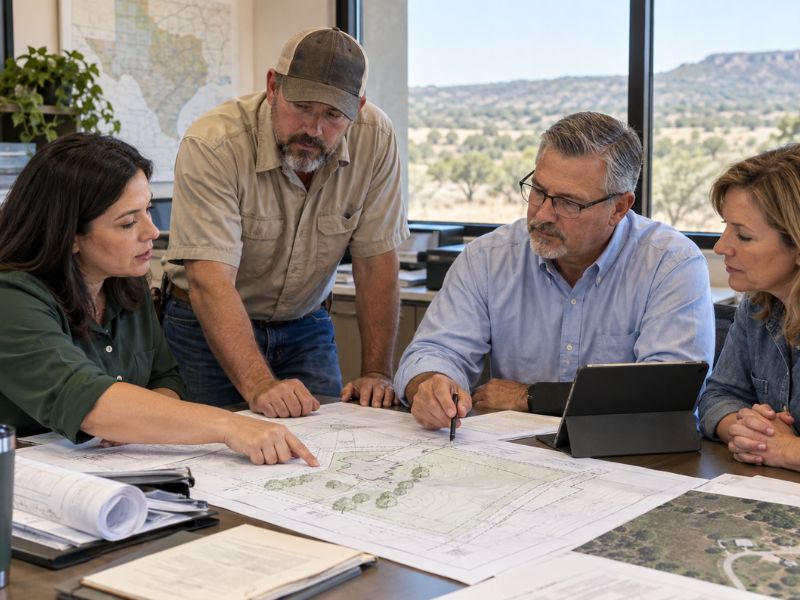 Texas environmental and local permitting officials reviewing an OSSF site plan with a property owner and septic professional